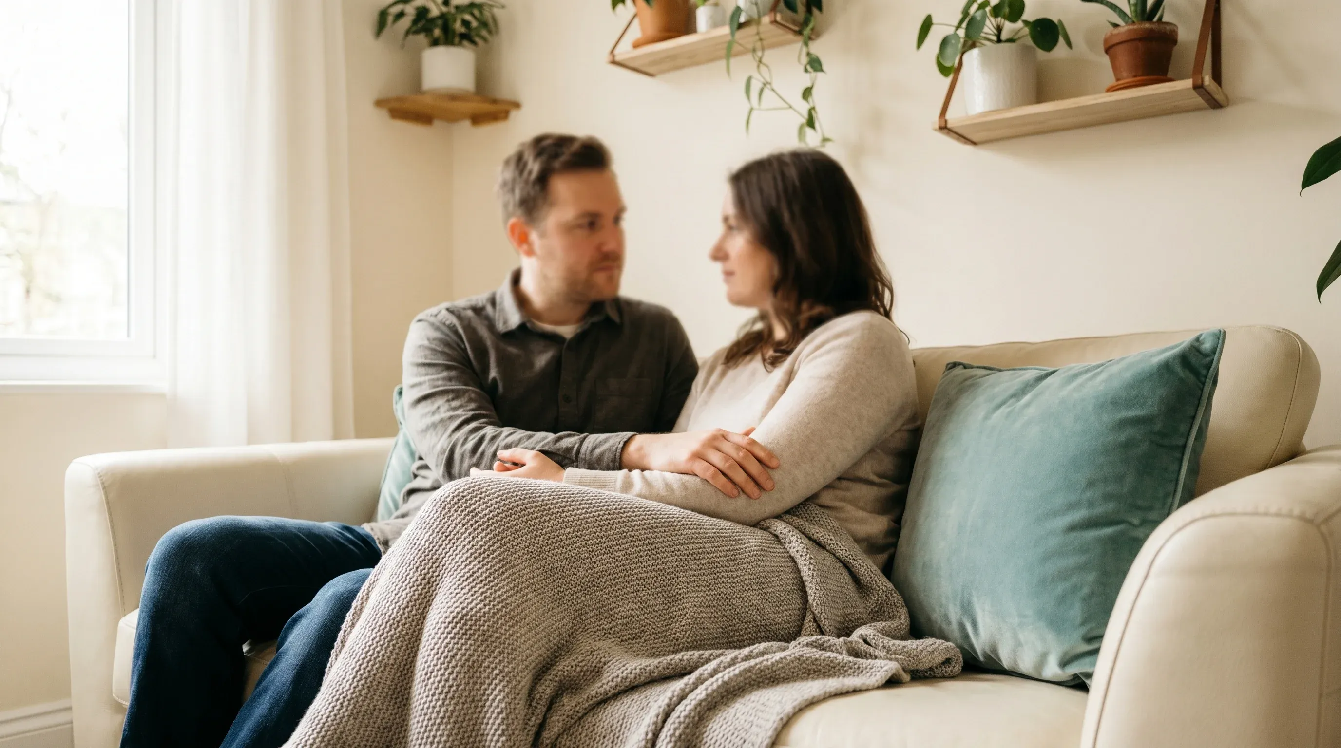 Ein Paar im Gespräch auf dem Sofa während einer Sitzung