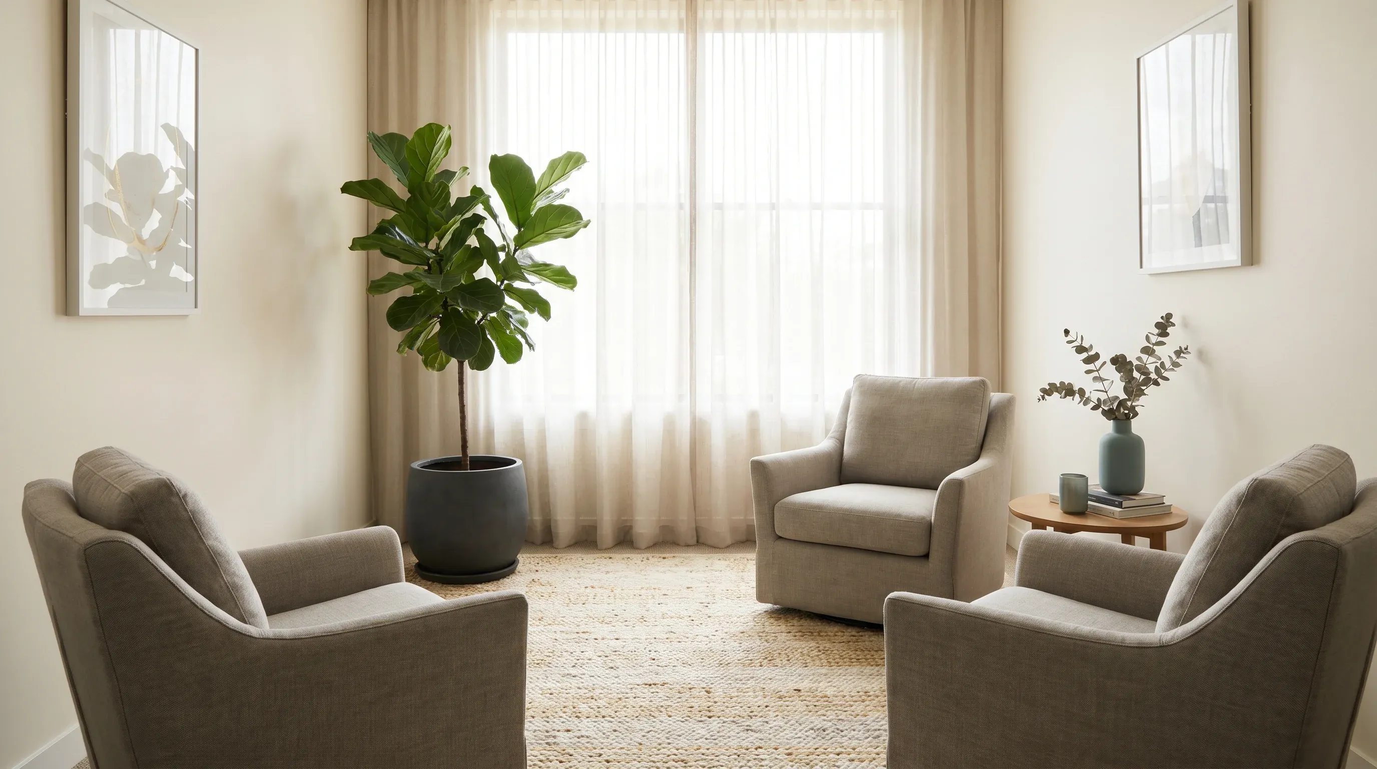 Warmer Paartherapie-Raum mit zwei einander zugewandten Sesseln am Fenster
