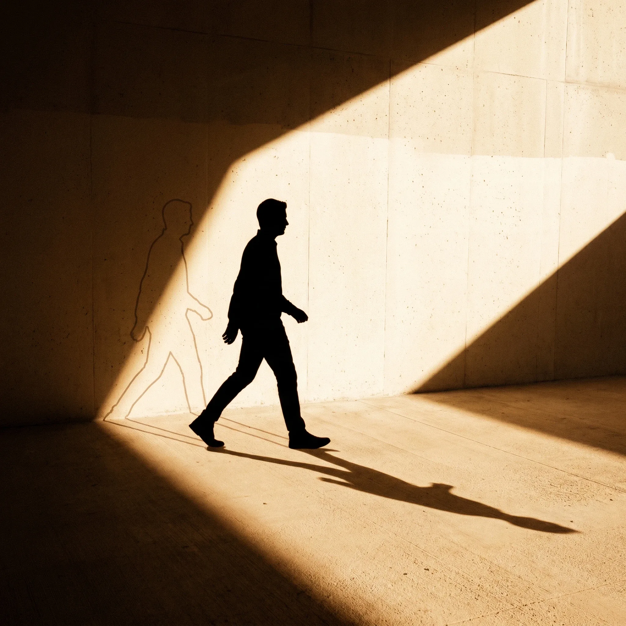 Eine Silhouette tritt ins Licht, eine schwächere Kontur bleibt zurück — allein anfangen.