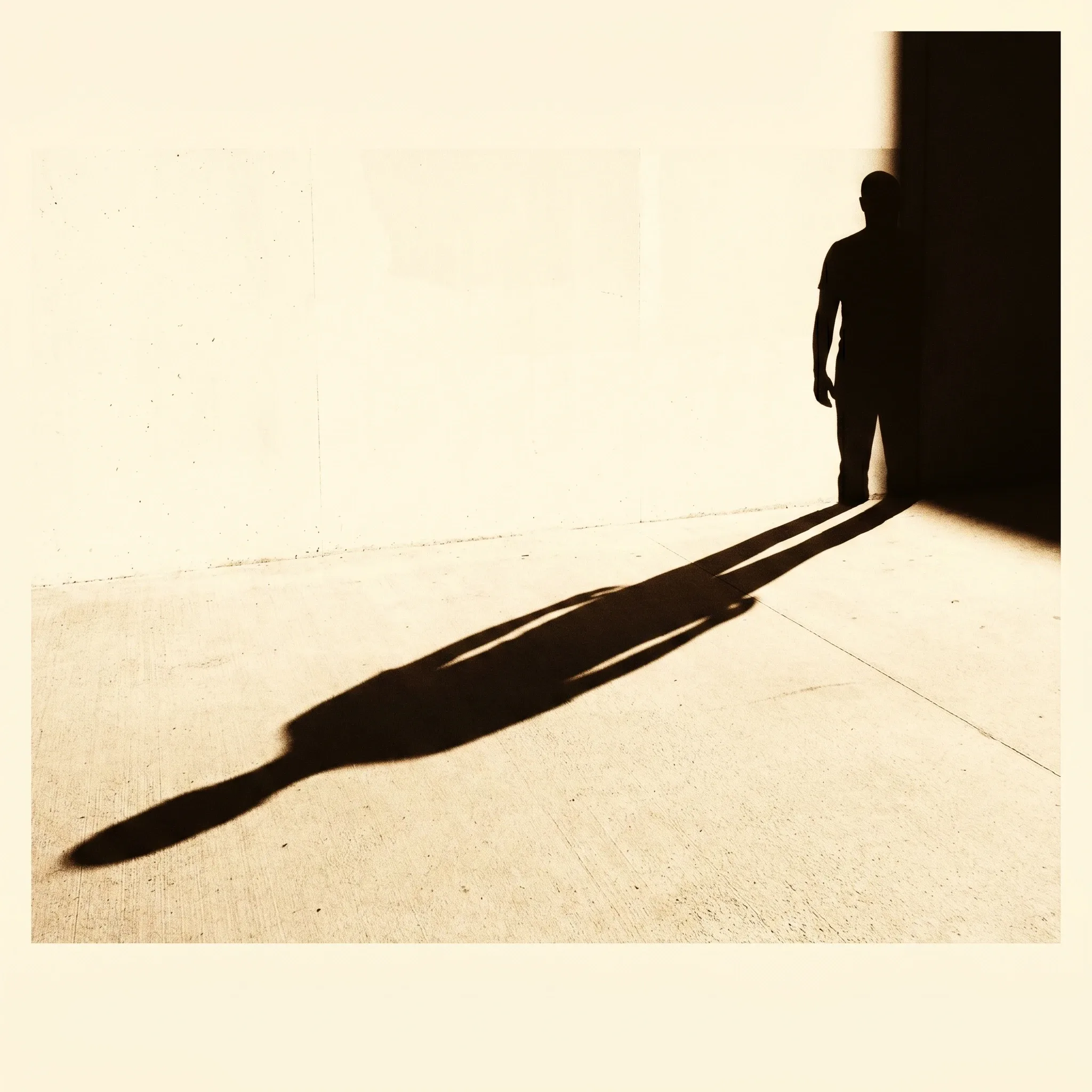 Eine Silhouette wendet sich ab, ihr langer Schatten reicht zurück — Rückzug oder Klammern.