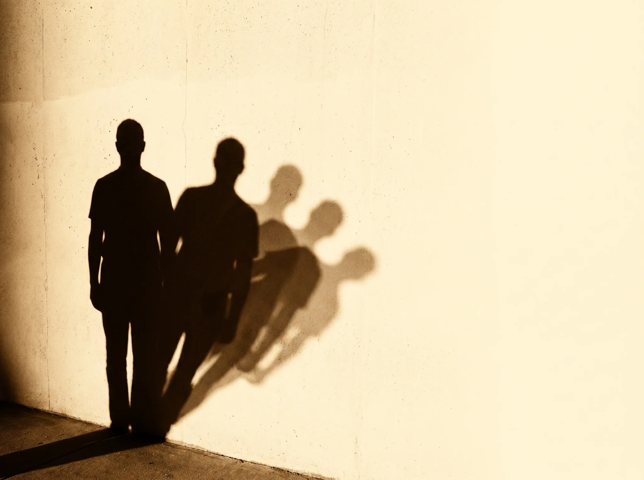 Eine zentrale Silhouette, deren Schatten sich in mehrere Teil-Silhouetten auffächert — die inneren Anteile, die zusammenfinden.