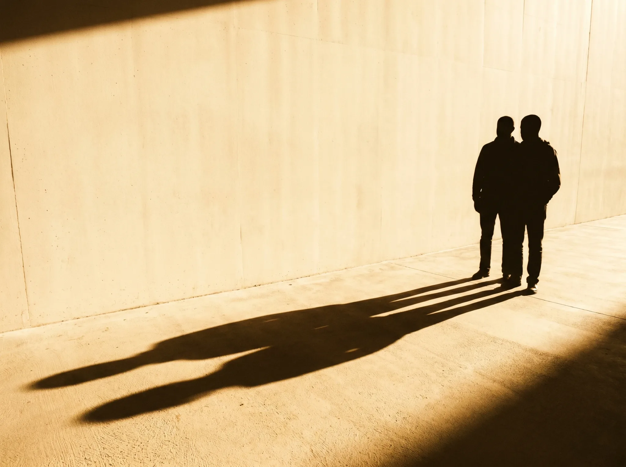 Zwei Silhouetten, deren lange Schatten zu einer einzigen verbundenen Form verschmelzen — Bindung statt Schuld.