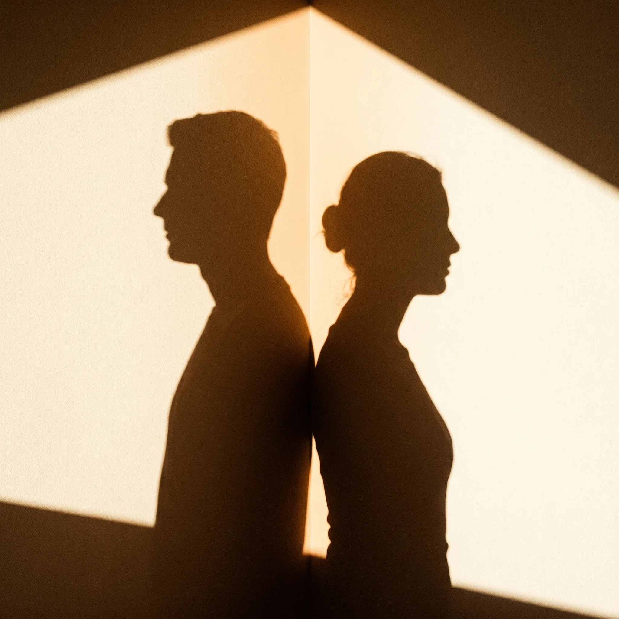 Zwei abgewandte Silhouetten an einem Lichtkeil — der immer gleiche Streit.