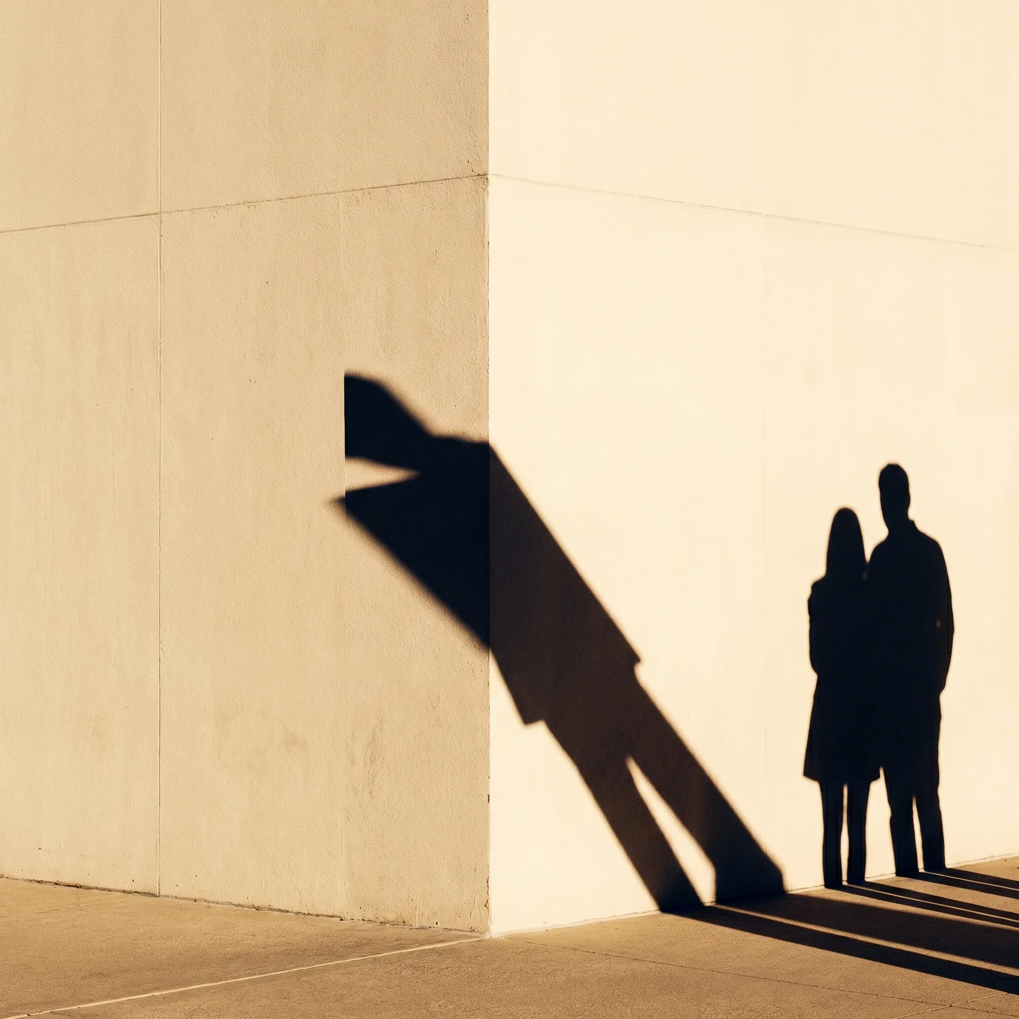 Eine Paar-Silhouette, deren Schatten an einer scharfen Kante bricht — erschüttertes Vertrauen.