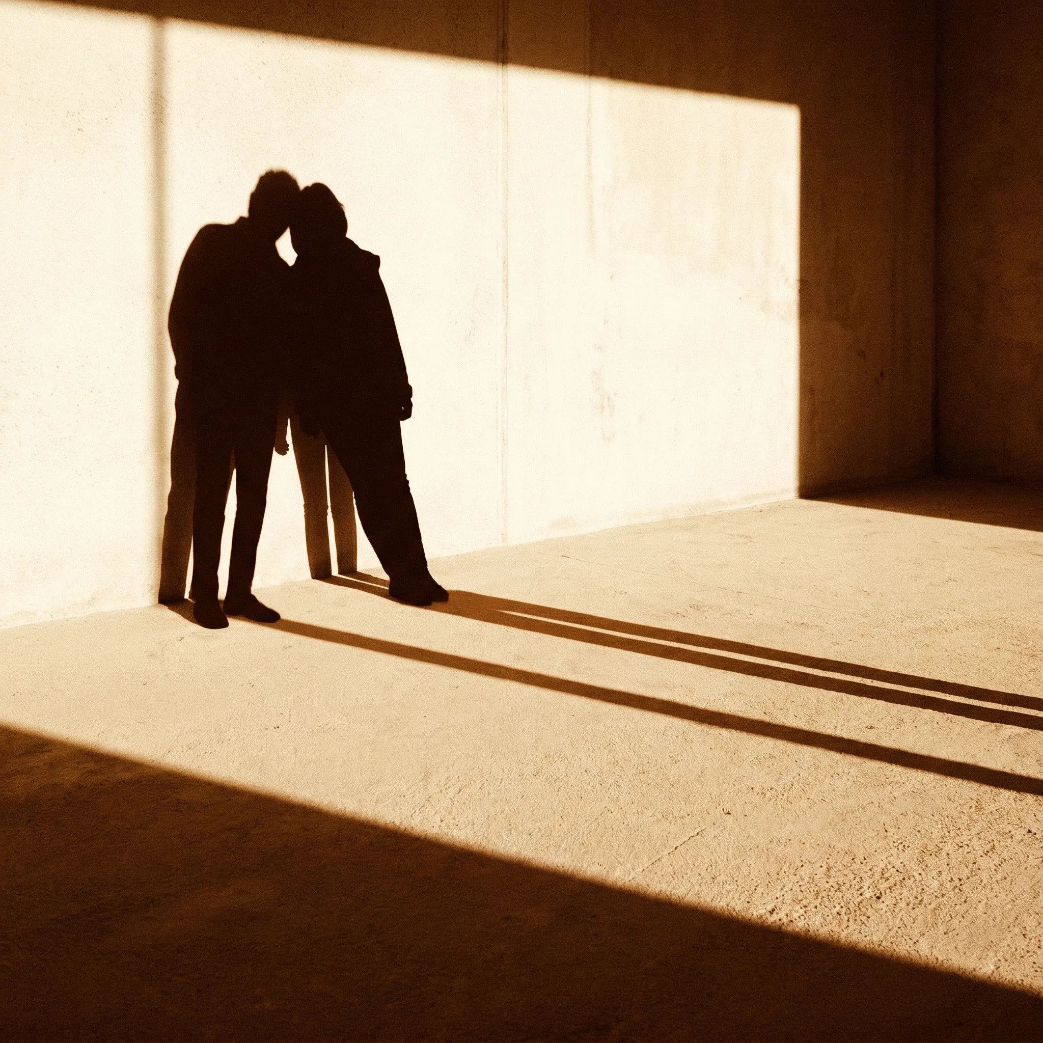 Zwei aneinandergelehnte Silhouetten, ihre Schatten durch eine durchgehende Linie verbunden — Verbindung im Alltag.