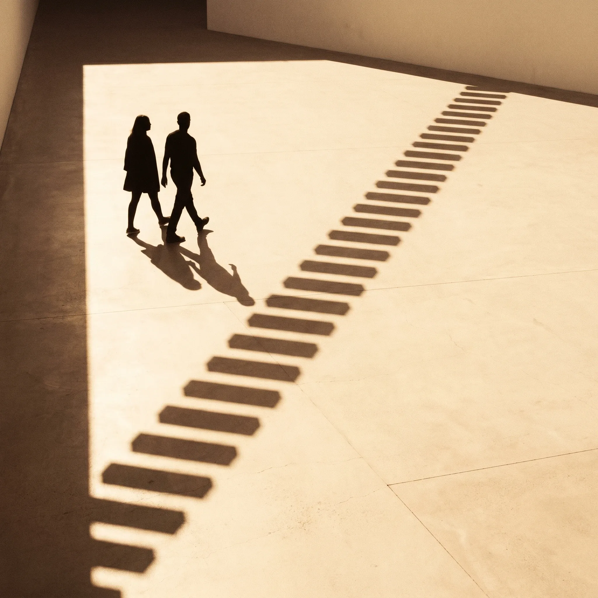 Zwei Silhouetten gehen gemeinsam, ihre Schatten bilden gleichmäßige Schritte — Begleitung Schritt für Schritt.