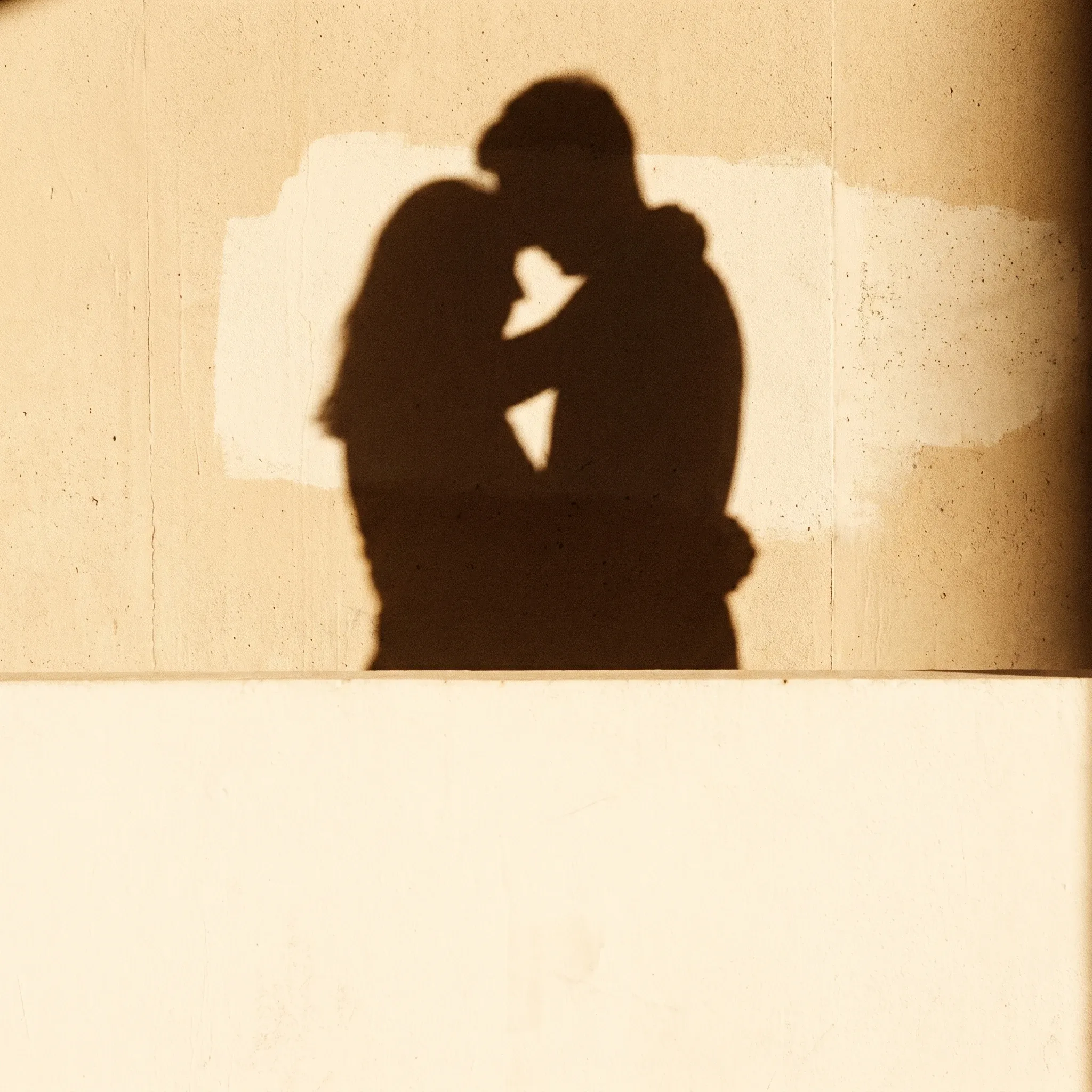 Zwei sich umarmende Silhouetten als warmer Schlagschatten an der Wand — ein sicherer Neuanfang.