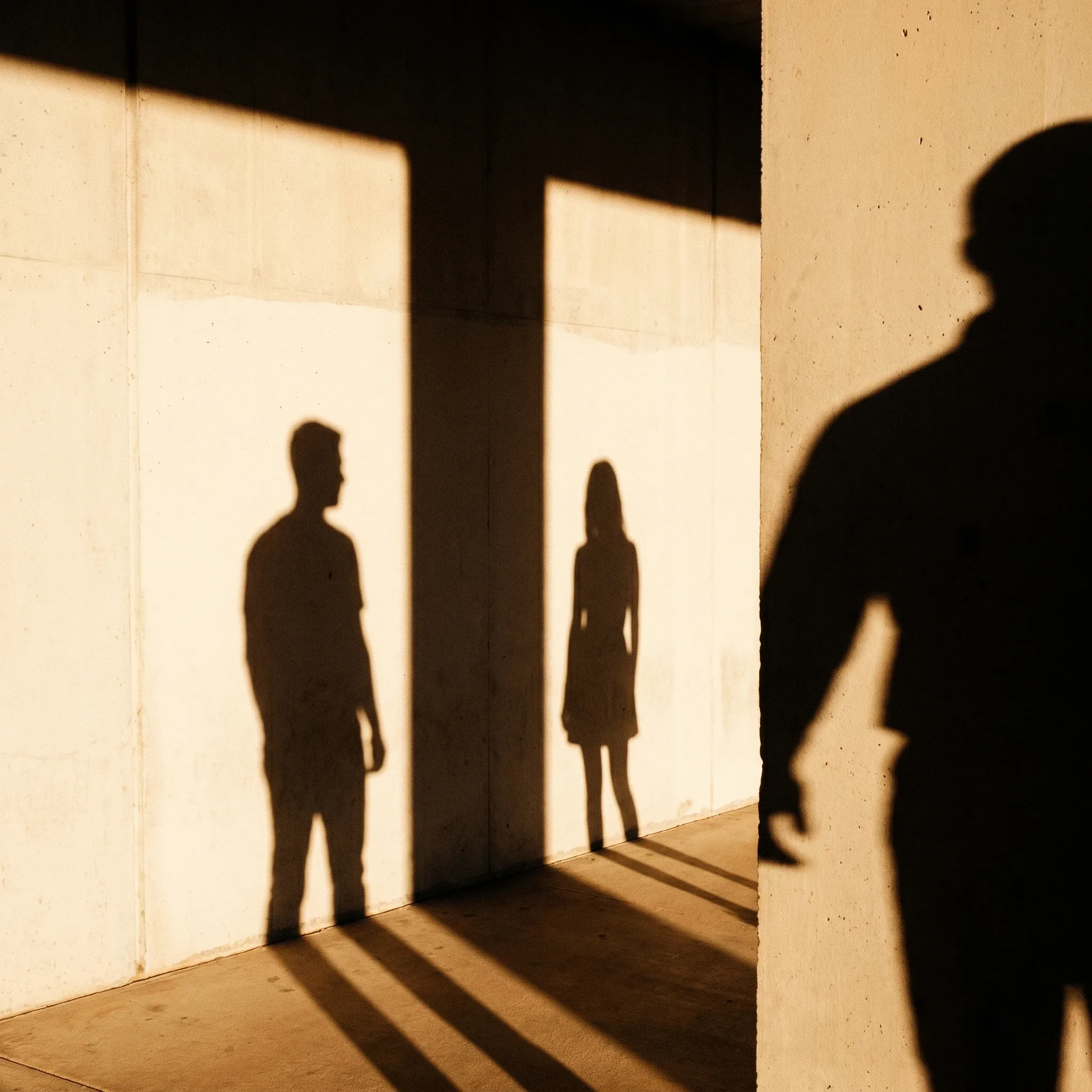 Zwei getrennte Silhouetten, eine dritte Schattenfigur drängt herein — erschüttertes Vertrauen nach einer Affäre.