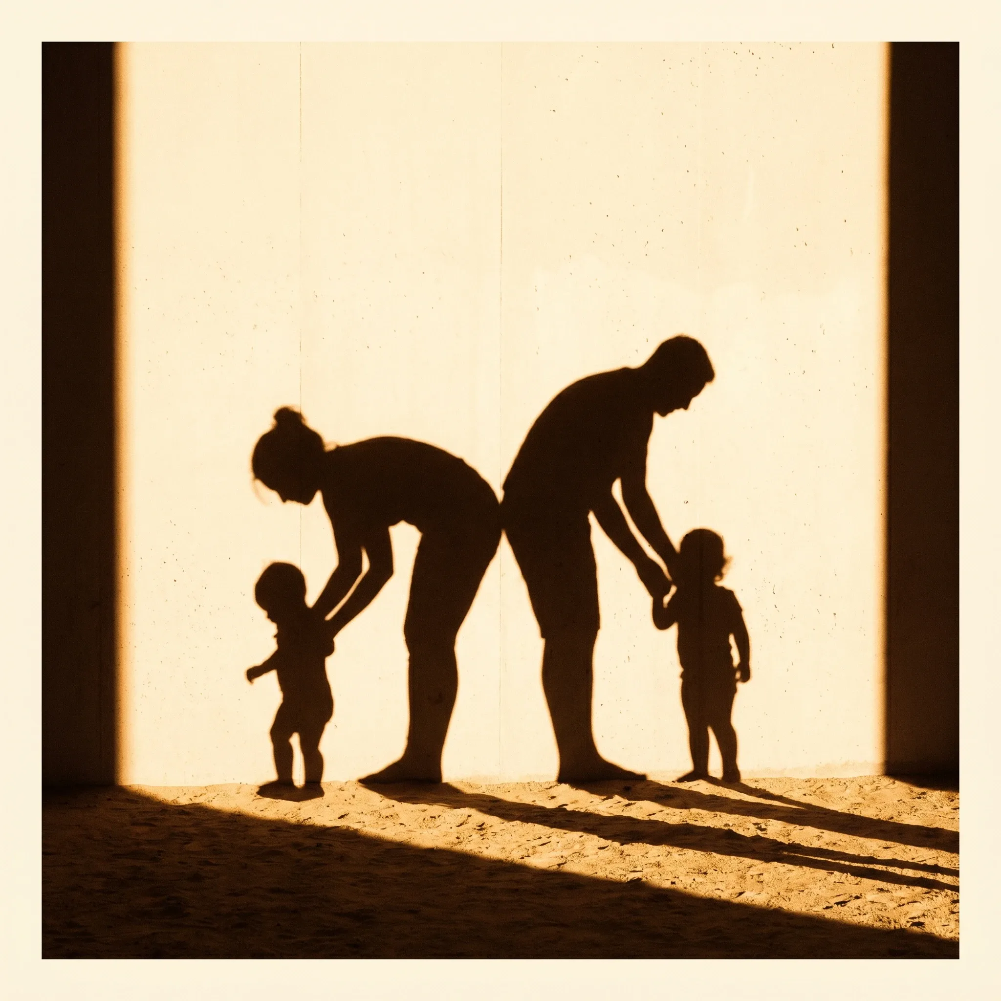 Zwei Eltern-Silhouetten Rücken an Rücken, jeder einem kleinen Kind zugewandt — ein Eltern-Team, aber kein Paar mehr.