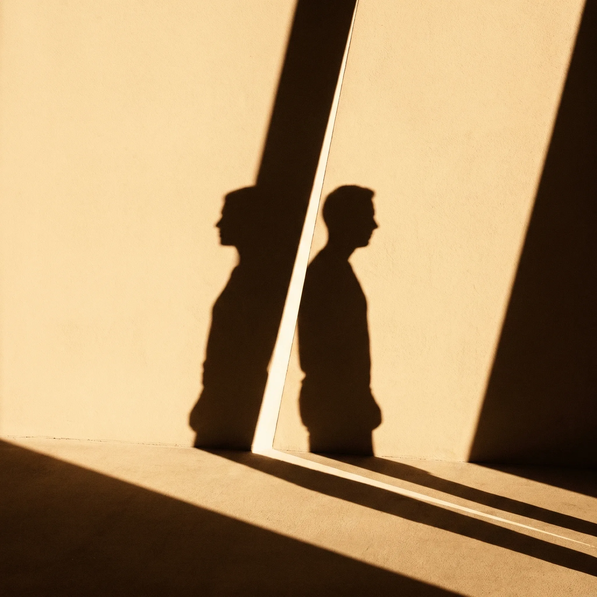 Zwei voneinander abgewandte Schatten-Silhouetten, getrennt von einem hellen Lichtspalt — der immer gleiche Streit.