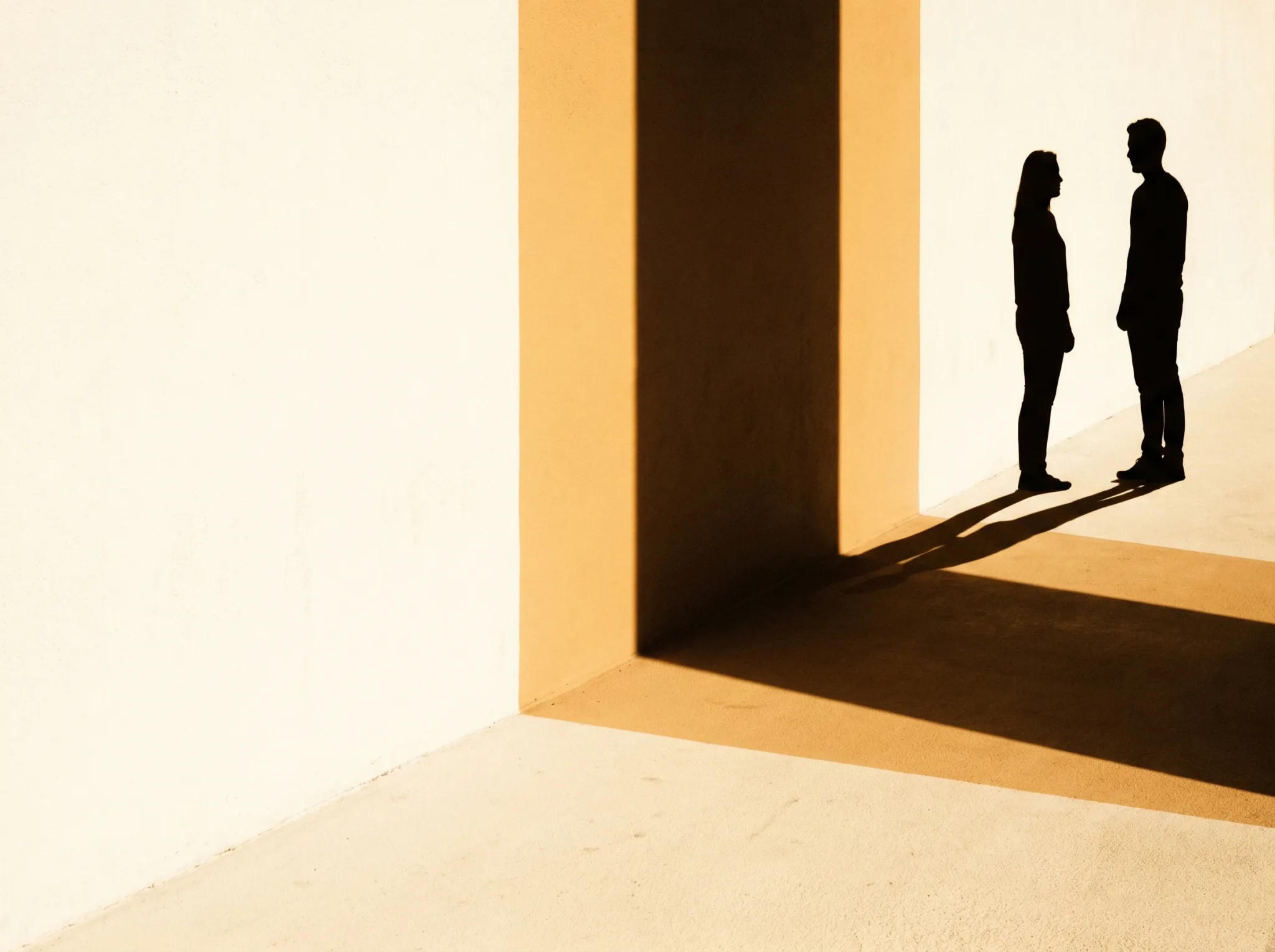 Zwei einander zugewandte Silhouetten im warmen Gegenlicht, ihre langen Schatten verschmelzen — wiedergefundene Nähe.