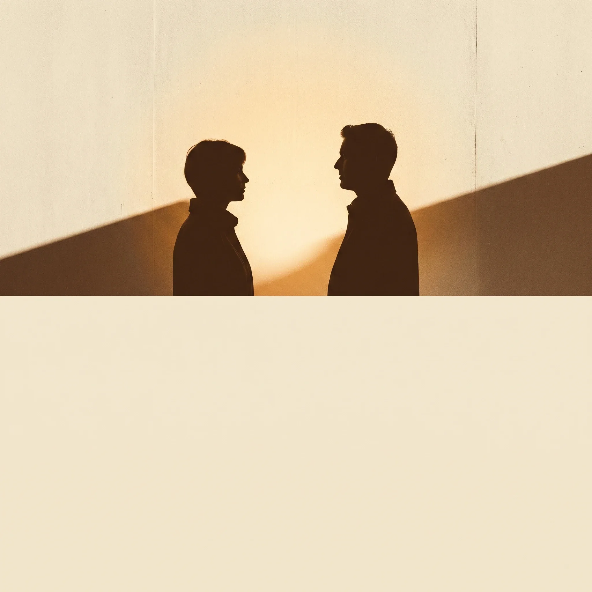 Zwei einander zugewandte Silhouetten über einem warmen Lichtkegel — das erste Gespräch über euer Team.