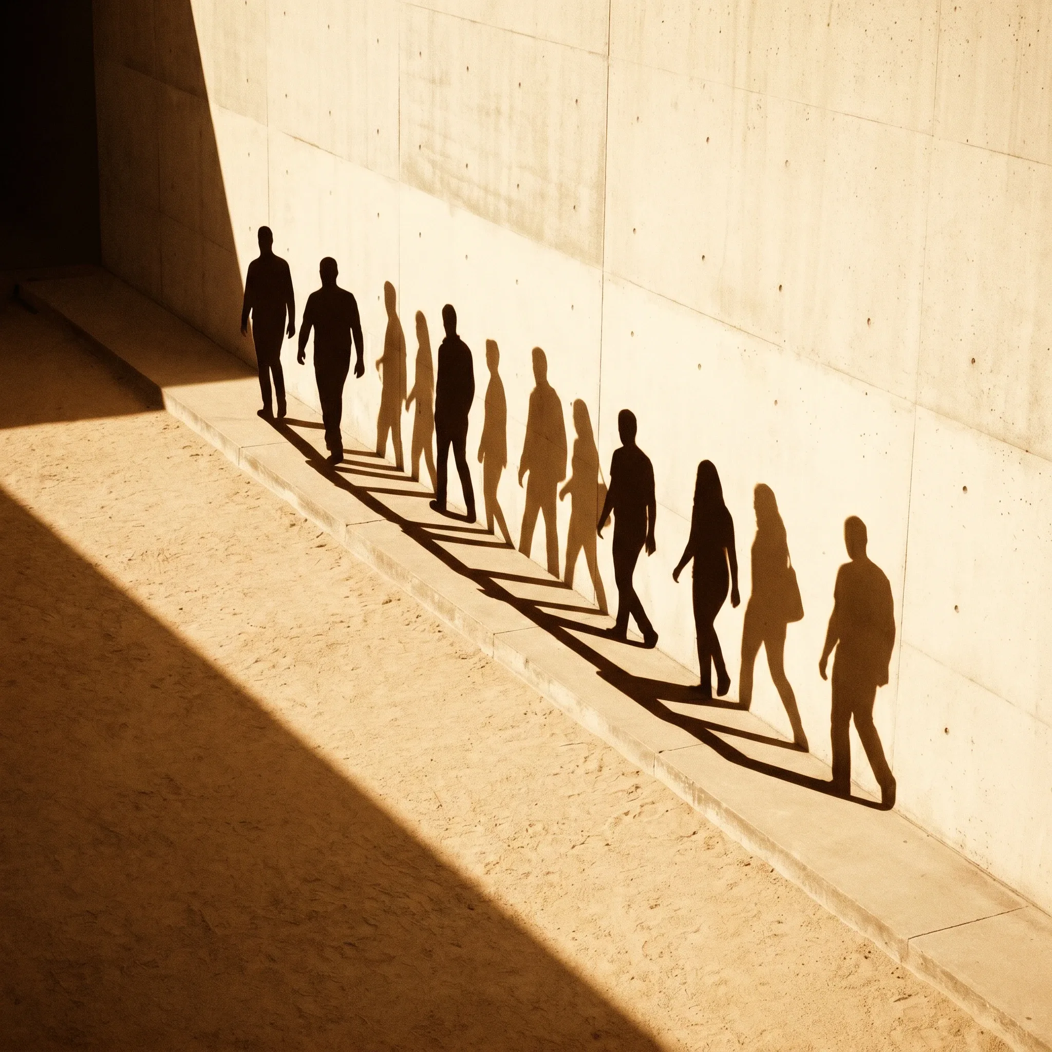 Eine gestaffelte Reihe von Silhouetten, ihre Schatten zu einer durchgehenden Linie verbunden — kontinuierliche Jahresbegleitung.