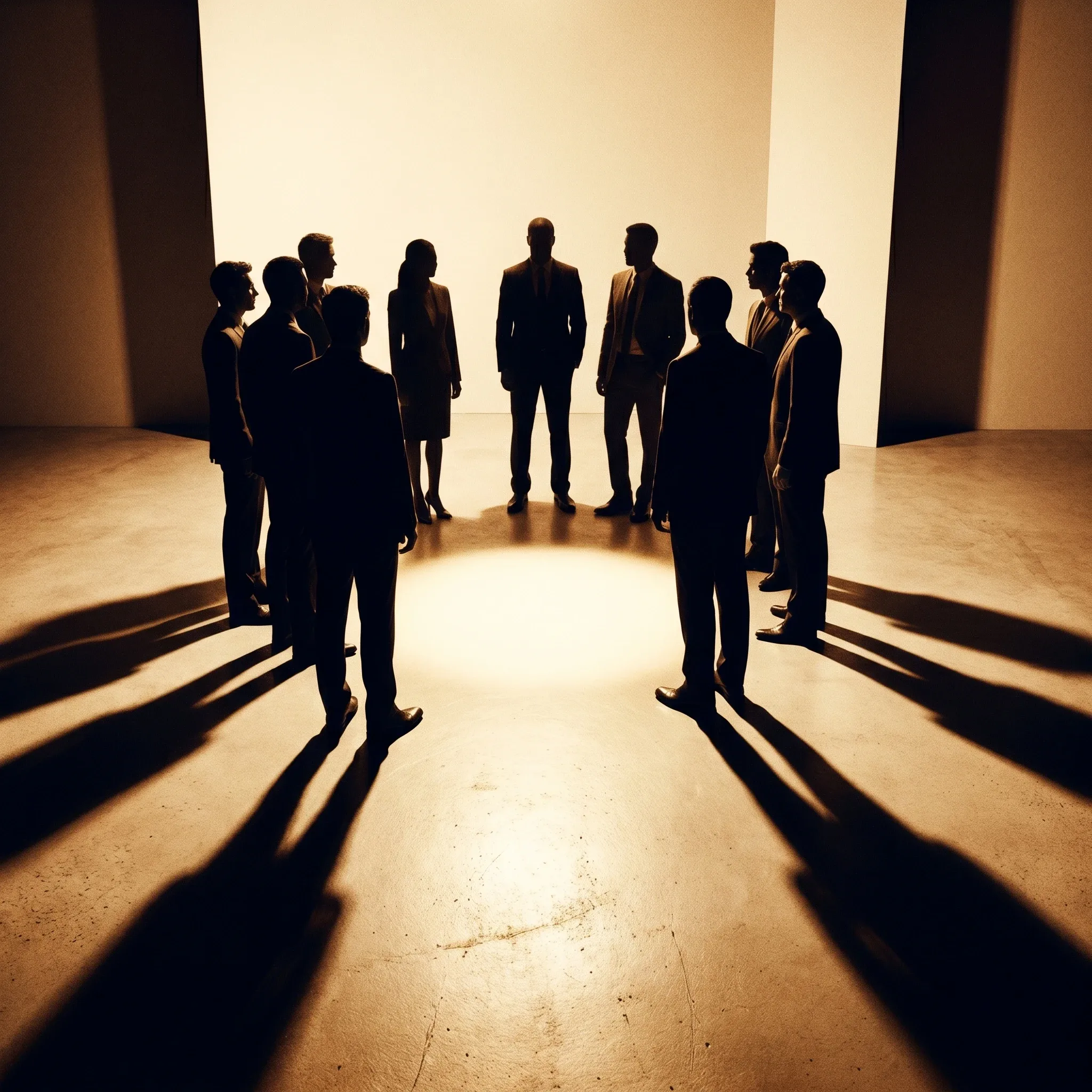 Mehrere Silhouetten im Halbkreis um eine zentrale Lichtquelle, Schatten strahlen aus — Corporate Workshop.