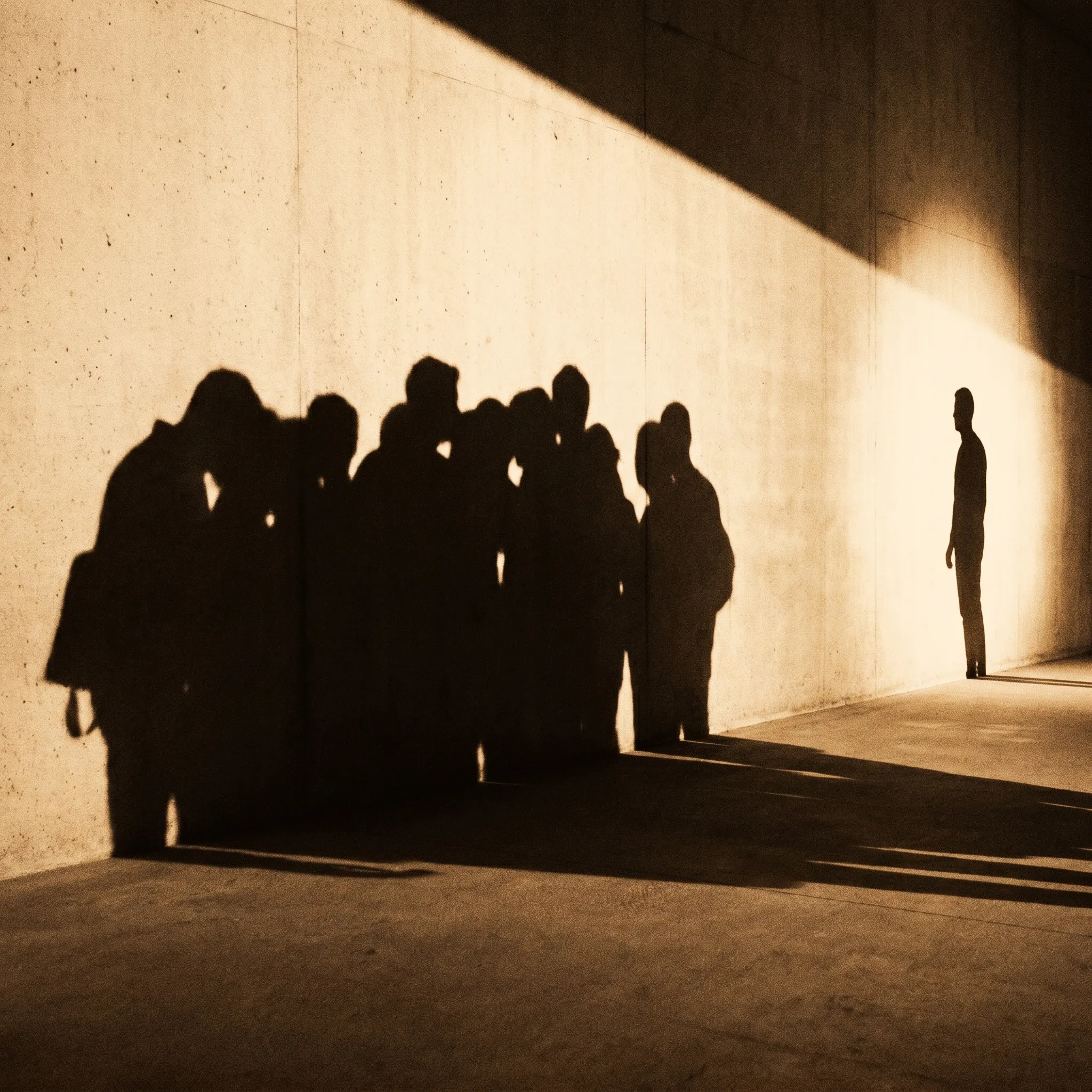 Eine dichte, schwere Gruppe dunkler Schatten gegenüber einer einzelnen lichtdurchfluteten Silhouette — Konfliktkosten gegen schlanke Lösung.